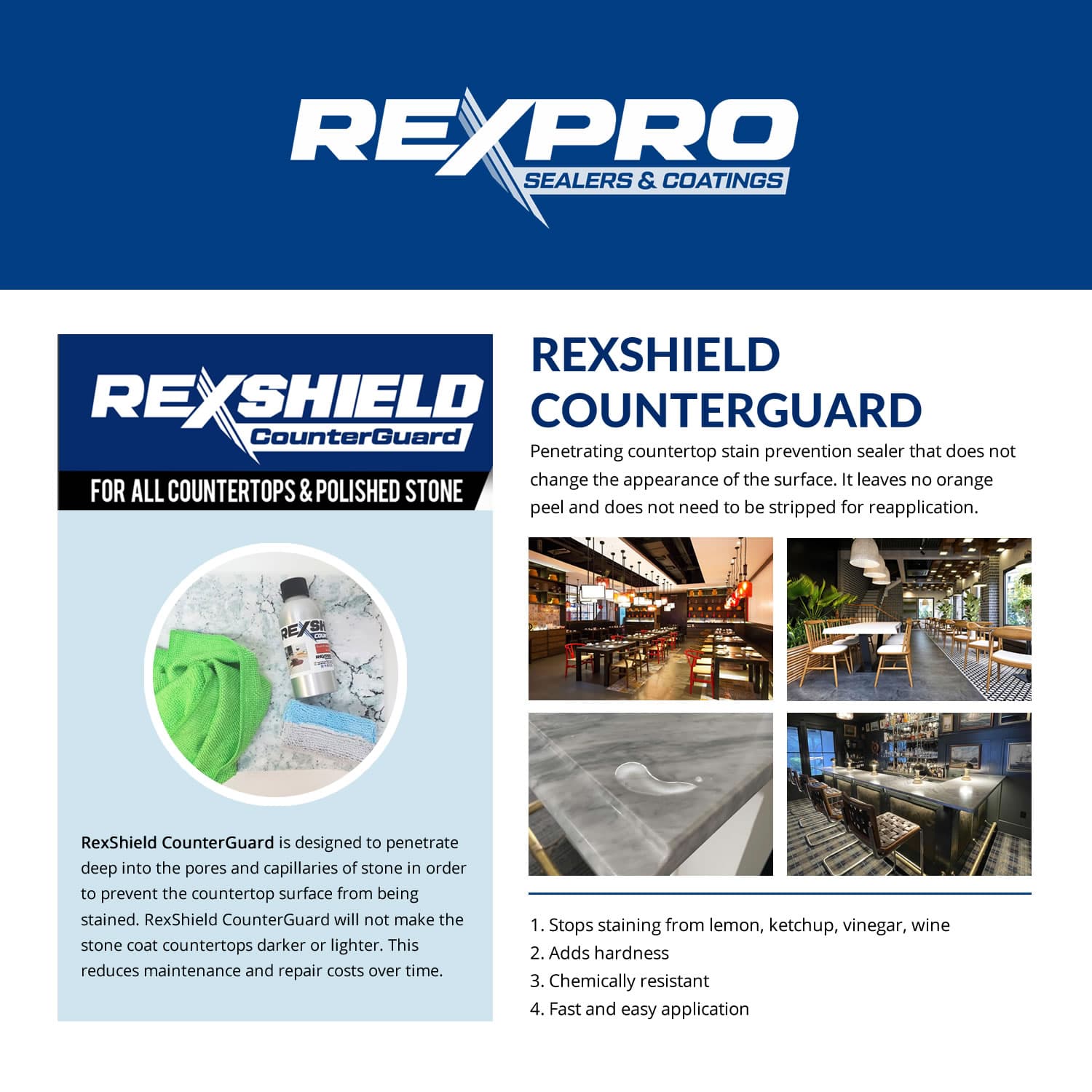 Rexshield counterguard, stone countertop sealer